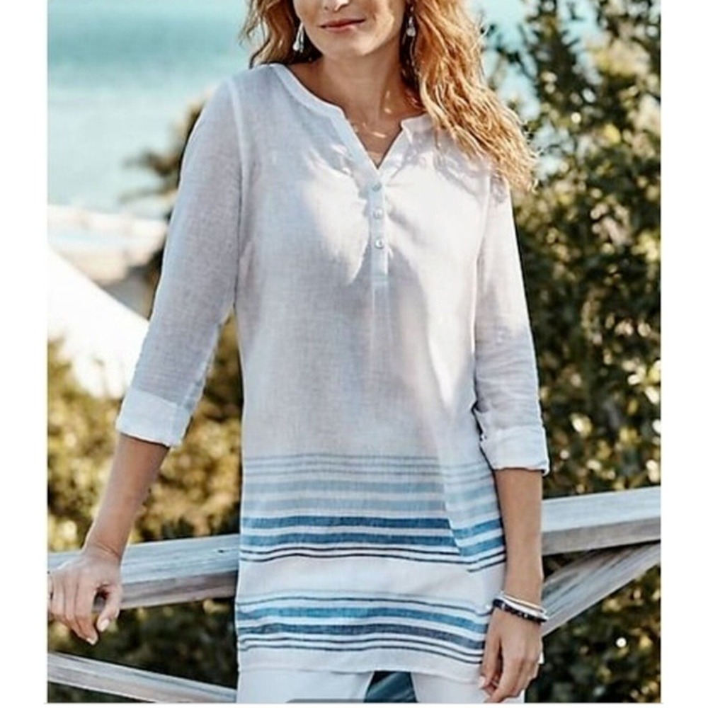 J. Jill Tunic Women XL Petite White Blue Striped Linen Blend Henley Top